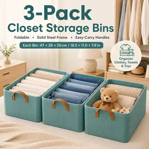 3PCS Closet Clothes Organizer Bins with Handles, Green Fabric Storage Boxes with Steel Frame, Stackable Foldable Large Capacity Storage Baskets for Clothes Jeans Sweaters, Collapsible Shelf Closet Bedroom Underbed Dorm Home Organization