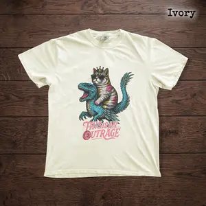 Cat Riding Dinosaur T-Shirt – “This Is An Outrage” Graphic Tee