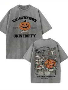 Vintage Halloweentown University T‑Shirt, Est 1998 Pumpkin Graphic Washed Gray Cotton Oversized Short Sleeve Tee, Retro Halloween Movie Casual Crewneck Shirt with Front & Back Print Canvas