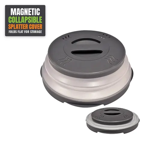 HOVER COVER Magnetic 12-Inch Clear BPA-Free Kitchen Utensil Food Lid, Collapsible Vented Plate Guard, Anti-Splash Microwave Accessory, Dishwasher Safe, Space-Saving, Utensils