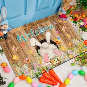 Creative Easter Rabbit and Flower Flannel Printed Floor Mat for Doorway, Household Soft Washable Floor Mat, Festival Decoration Floor Mat, Entrance Hall Decorative Foot Mat, Rectangular Decorative Mat