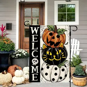 Welcome Halloween Pumpkin Garden Flag, Polka Dot Cat Design, Double-Sided Vertical Outdoor Decoration, 12x18 Inch, Perfect Gift for Family & Friends, Garden Accessories