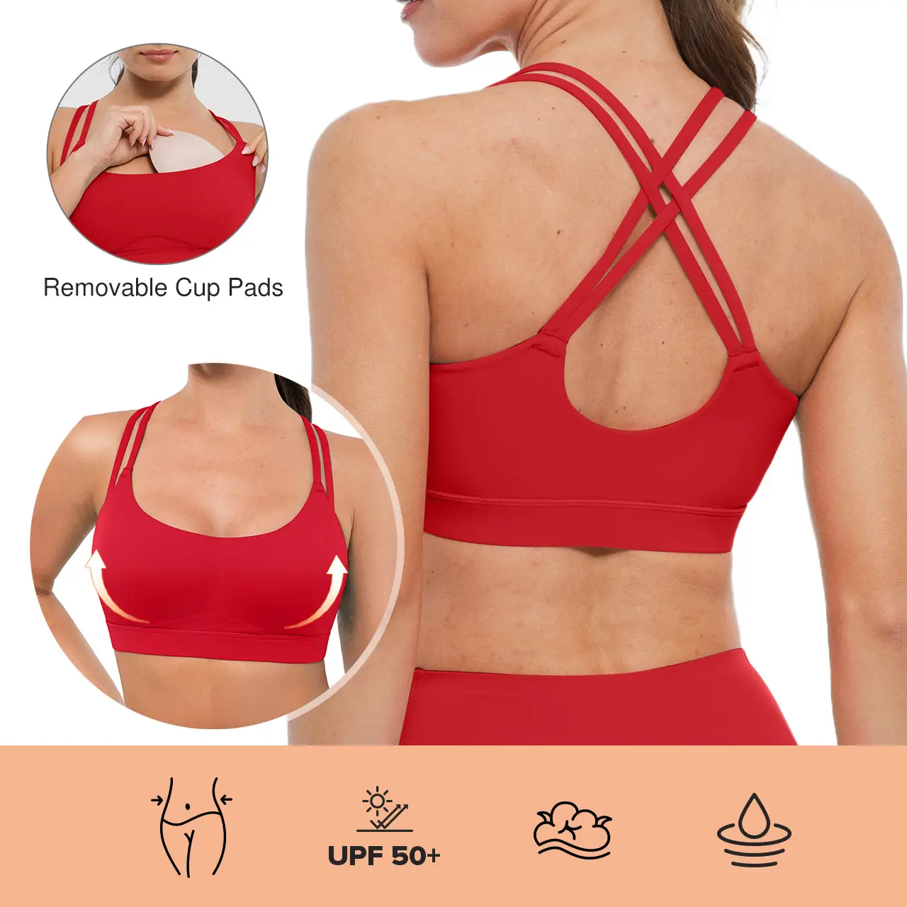 BRXL Strappy Sports Bras for Women High Support Criss-Cross Back Padded with Removable Cups Yoga Workout Activewear UPF 50+ Sun Protection-Live