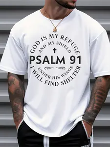 Summer Simple Bible Psalm 91 Chapter Slogan Print Short Sleeve T-Shirt, Christian Believers Group Style, Adult Church Worship Casual Top