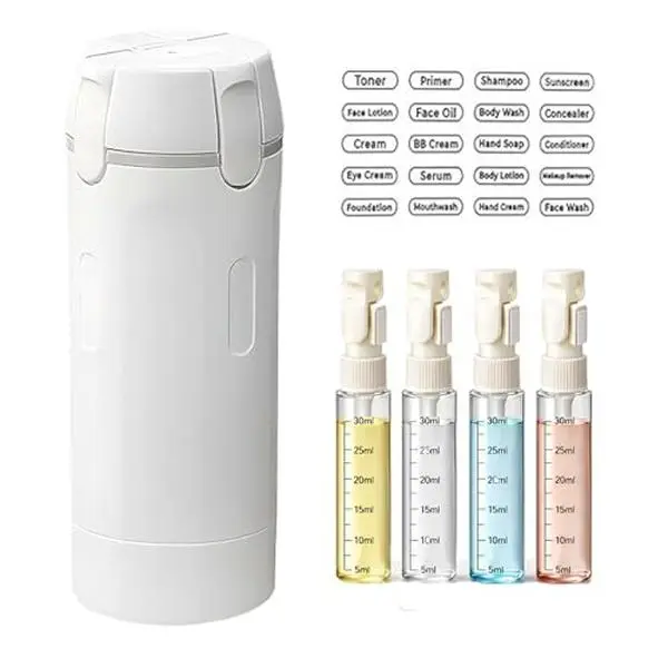 4 in 1 Travel Dispenser Bottle, 30ML Press-Dispense Refillable Leakproof TSA Carry-On Pump Container with Labels for Shampoo, Lotion, Conditioner & Cream (Beauty & Personal Care Travel Toiletries Tool) campingessentials
