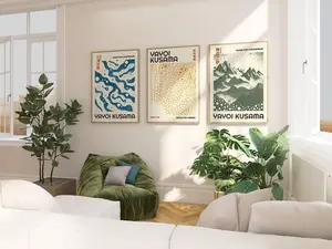 [Sale off up to 50%] [No frame, Free Ship] Yayoi Kusama Set of 3 Prints Famous artists Gallery | Blue Wall Art Unique Home Decor | Japandi Poster Set of 3 | Blue, Yellow and Sage set