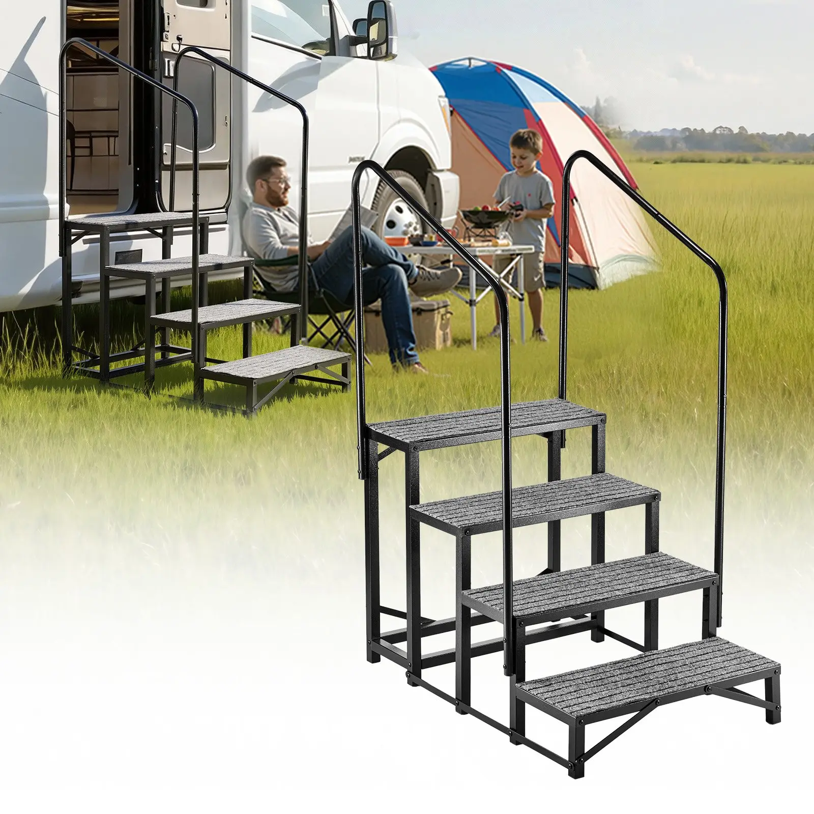 VEVOR RV Steps with Dual Handrails, 4 Steps, 660 lbs Load Capacity ...