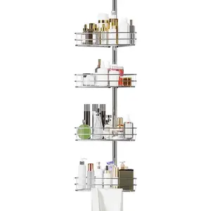 Tension Pole Shower Caddy, Corner Shower Storage System with 4 Baskets, Rust-Resistant Bathroom Organizer Shelves, Shower Rack Adjustable Heights, Satin Nickel