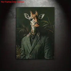 1 piece/set of frameless canvas painting print poster, classic abstract realistic art, portrait of giraffe in jacket, perfect gift for animal lovers, ideal gift for bedroom, living room, kitchen, dormitory hallway, mural, wall decoration, room decoration