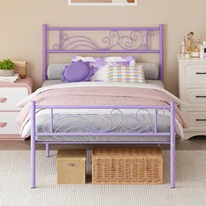 Bed Frames with Headboard, Metal Platform Bed Heavy Duty Steel Slat Under Bed Storage for  Purple