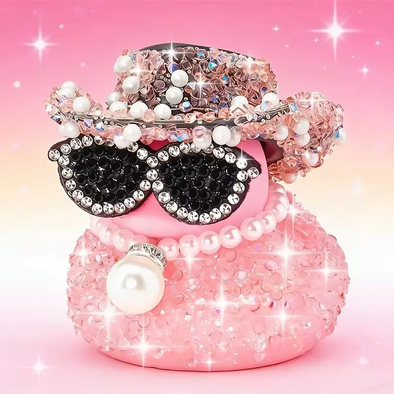 Decorative Rubber Duck for Car Dashboard, Sparkling Diamond Design, Rhinestone Embellished, Non-Slip Adhesive Pad Included
