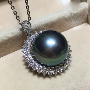 032 seawater  black Tahitian pearl necklace 11.8mm in silver color 45cm(J0847)