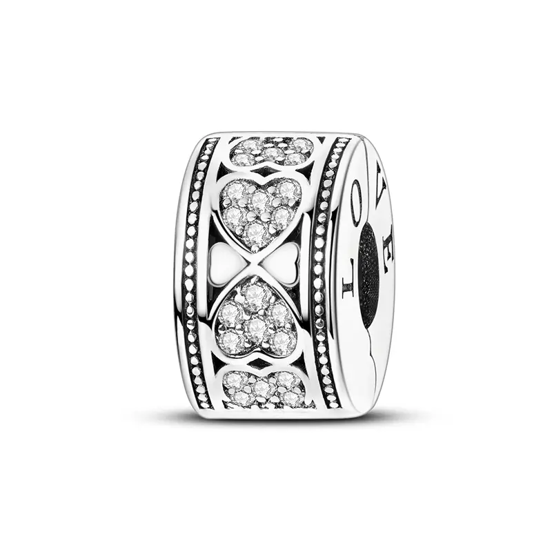MULA 925 Sterling Silver Vintage Heart Clip Charm, Pavé Crystal Stopper Compatible with Pandora Bracelets, Anniversary Valentines Day Gift for Women, Moms, Clip Pendant