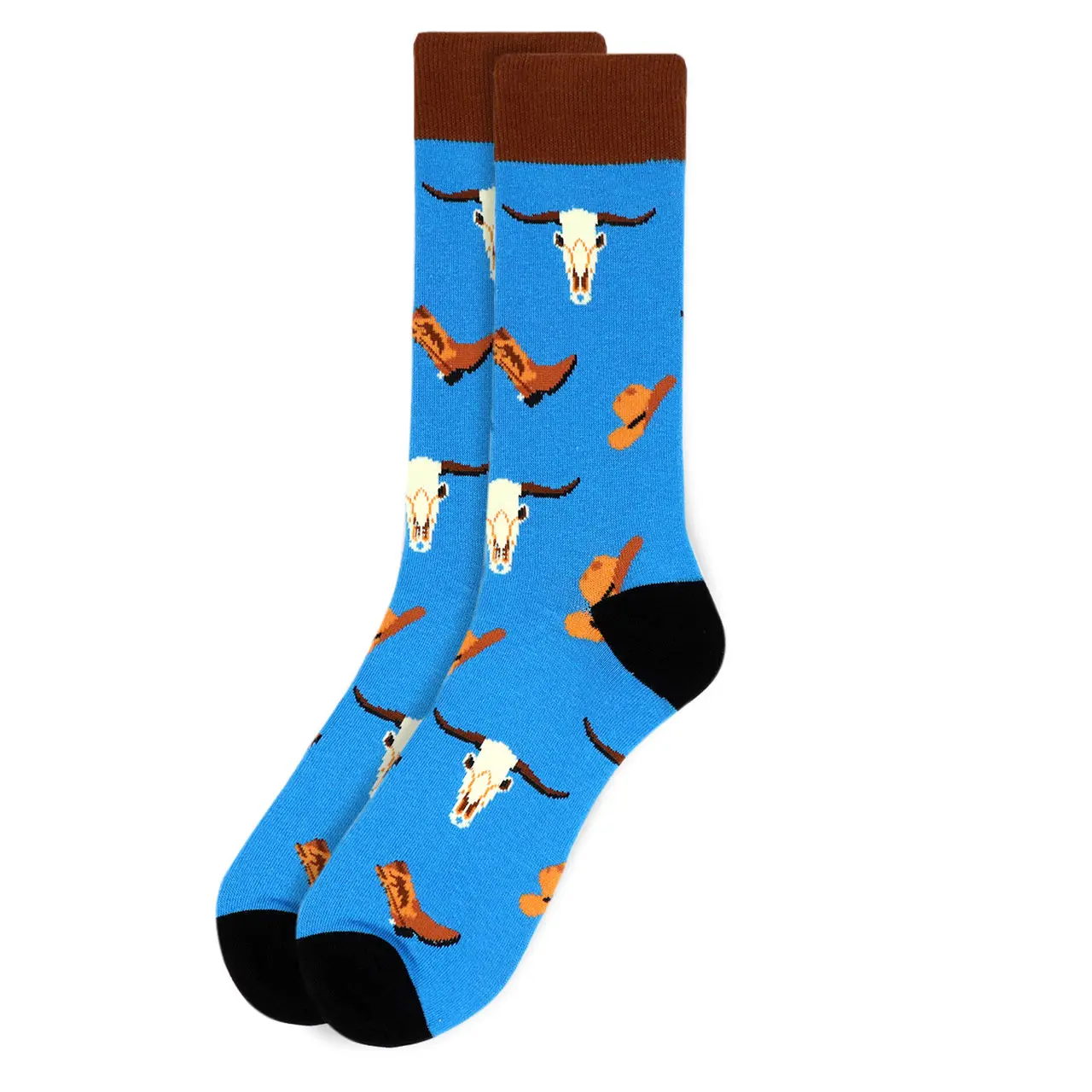 Men's Old West Western Cowboy Rodeo Crew Sock - Blue Brown