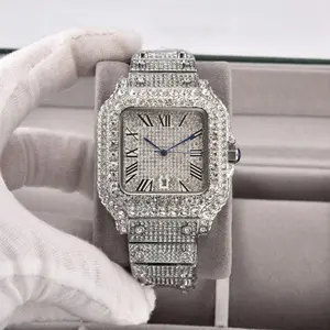 All-Silver Full Iced-Out Square Watch| Roman Numerals Starry Dial, Luxurious All-Over Sparkle