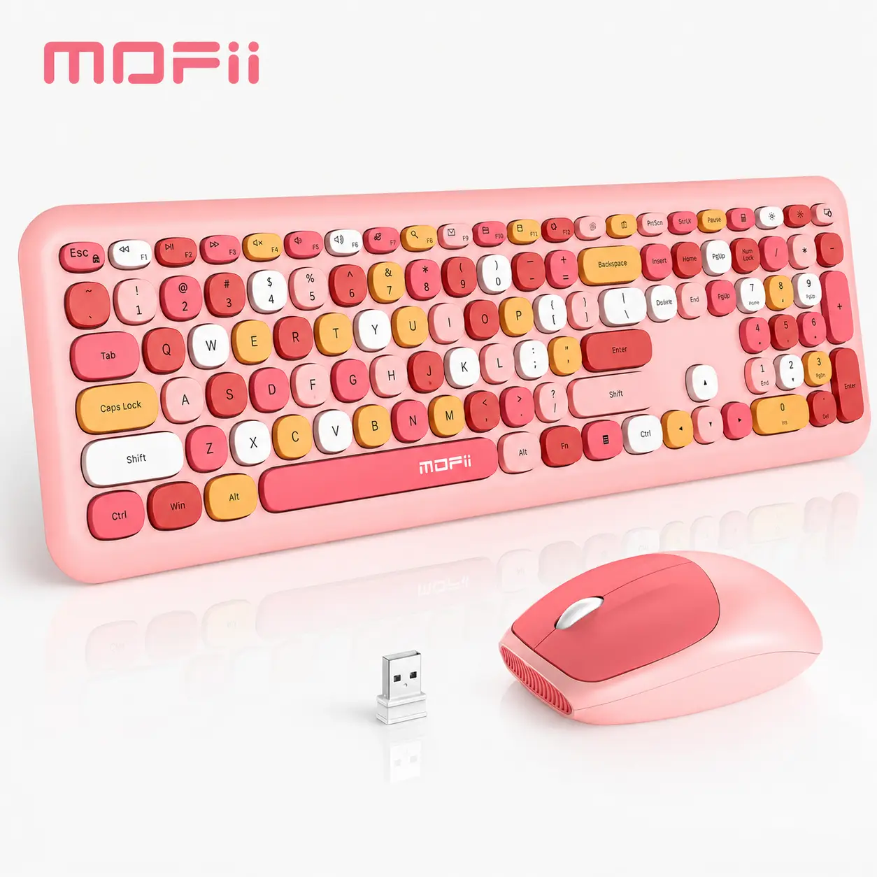 MOFII Wireless Keyboard Mouse Combo, Wireless Keyboard and Mouse Set, Full-Size Keyboard and Mouse Wireless 2.4G USB Plug-in for Laptop, PC, Desktop, Windows - Cute Candy Pink