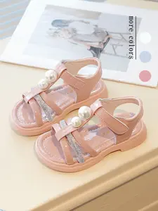 Girls' Pearl Rhinestone Decor Flat Sandals, Anti-Slip Wear-Resistant Adjustable Buckle, Elegant Princess Style for Summer Parties and Shopping