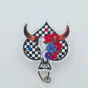 Western Bull Skull with Spade and Flowers Glitter Acrylic Retractable Badge ID Reel Belt or Alligator Clip