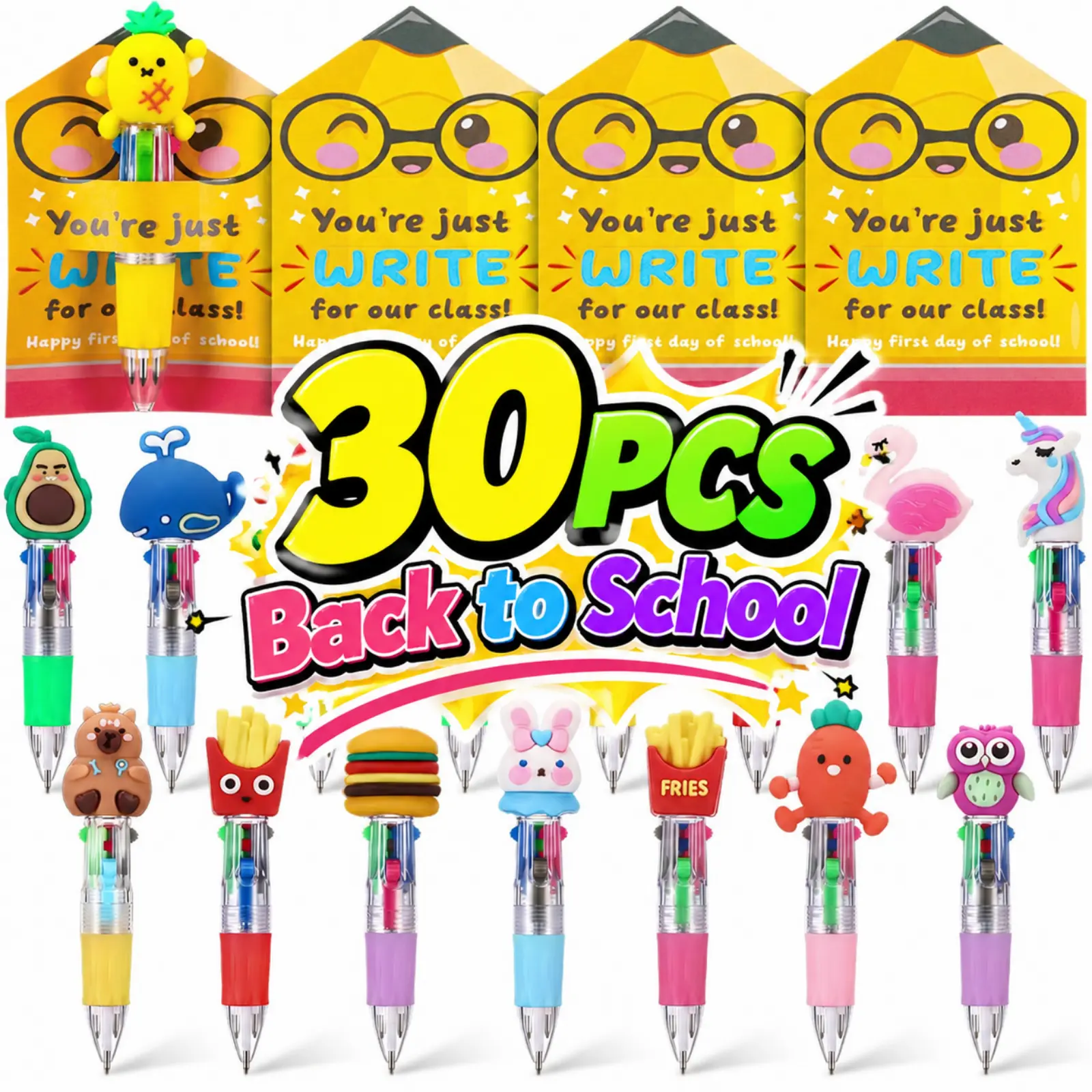 24/50 Sets Multicolor Pen Back to School 4-in-1 Pen Set Gifts with Positive Cards Bulk Retractable Ballpoint Pen for First Day of School Classroom Exchange Party Supplies Employee Appreciation Gifts Class Reward Gifts from Teacher Creative Stationery