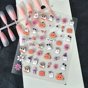 2pcs Skull Flower Nail Art Stickers, Pumpkin Lollipop Monster Nail Decals, DIY Beauty Salon Supplies for Women