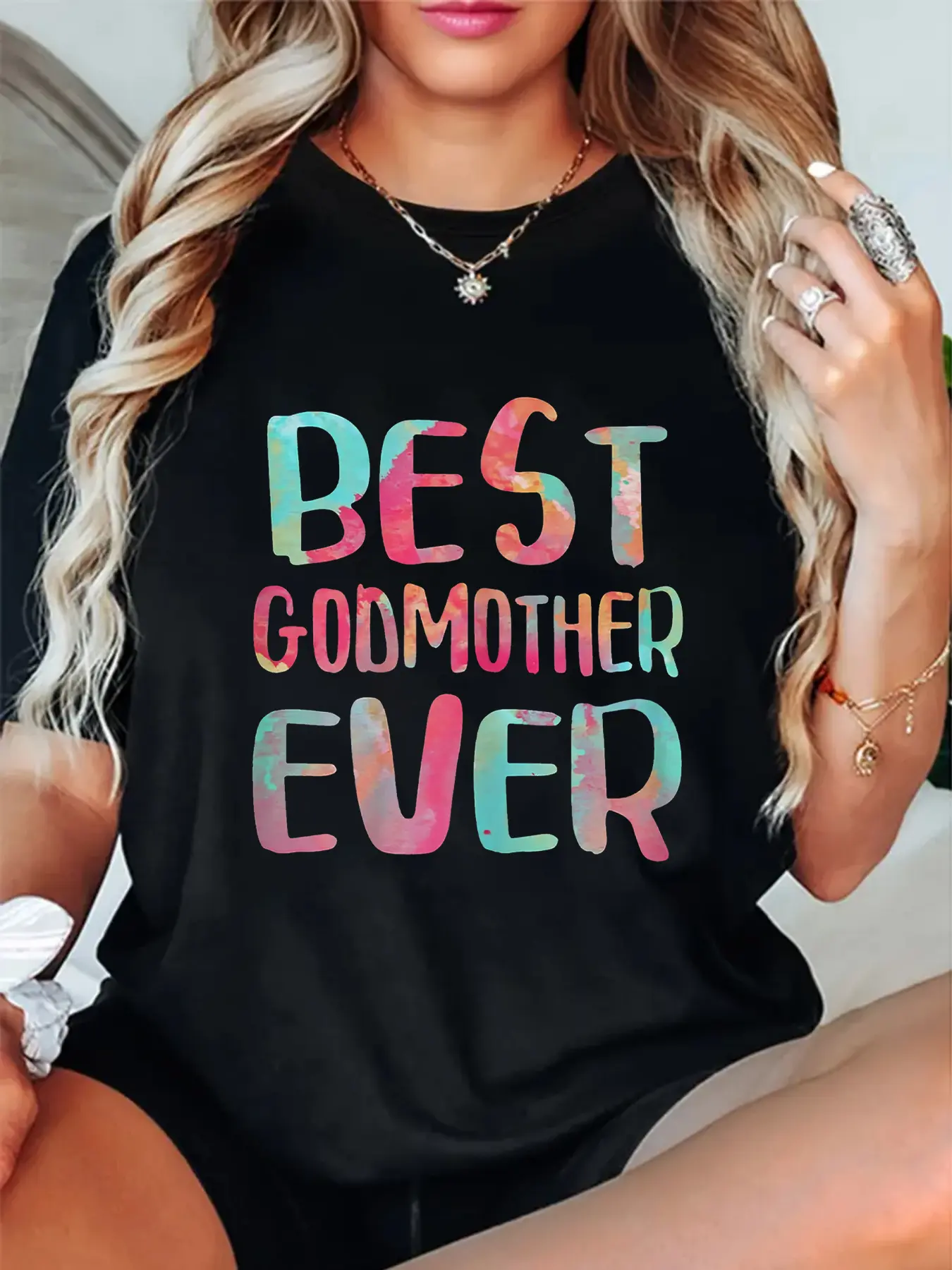 Women's Soft Cute 100% Cotton Graphic Top - Best Godmother Ever Tee, Casual Short Sleeve Crew Neck, Breathable Relaxed Fit Tshirt for Everyday Wear, Print, Love, Style, Shortsleeve, Fabric, Round Neck, T-Shirt, Printed, Digital Print