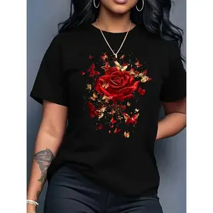 Women's Black Rose Butterfly Printed T-shirt -100% Pure Cotton Round Neck Short Sleeve Casual T-shirt Top Women's Round Neck T-shirtRAIMENTRY