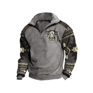 Men ' s Retro Tribal Style Splicing Personalized Skull and Bull Head Printed Sweatshirt -  Hoodie , Menswear Long Sleeve Casual Collar Cotton