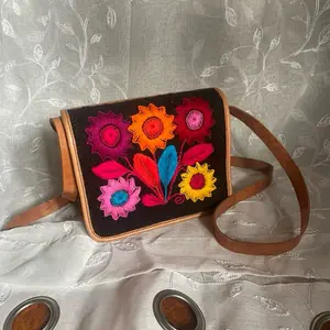 Handcrafted Leather Flower Stitched Mexican Style Purse Bag with Vibrant Colors and Unique Design