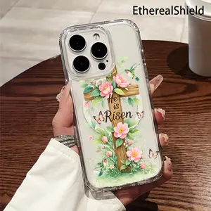 Phone Case: Cross with Pink Flowers Hummingbirds and Butterflies. Printed Phone Case, Transparent Acrylic Magnetic Shockproof Hard Case with Magnetic Ring, Wireless Charging, Fit for iPhone 17 E Air Pro ProMax iPhone16 15 14 Plus 13 12 Mini 11 X XS XR