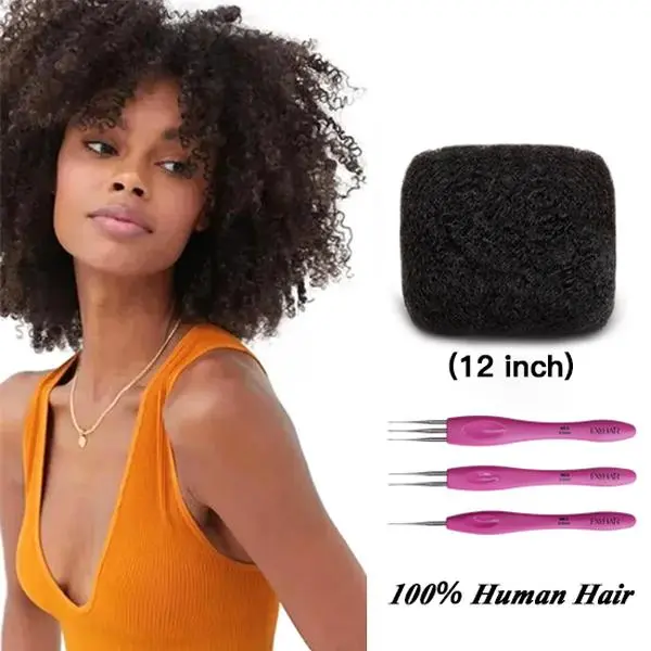 Exyhair 12 inch 100% Human Kinky Bulk Hair Unisex for Dreadlocks Twisting, Hair Braids, Afro Twist, with Crochet Hook Included, 100% Human Hair