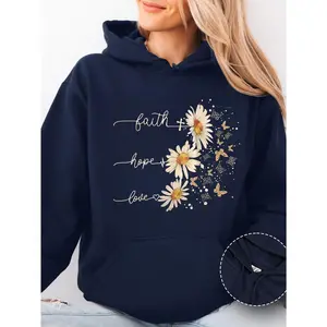 Faith, Hope, and Love Daisy Hoodie, Christian inspirational graphic sweatshirt, daisy and butterfly pattern top, suitable for everyday wear to create a stylish look.