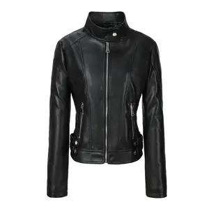 1pc Women'S Faux Leather Biker Jacket, Sexy Stand Collar Zip-Up Moto Coat, Fashion Slim Fit Outerwear, Long Sleeve Solid Color Polyester Lined, Non-Stretch Woven for Spring/Fall Casual Wear