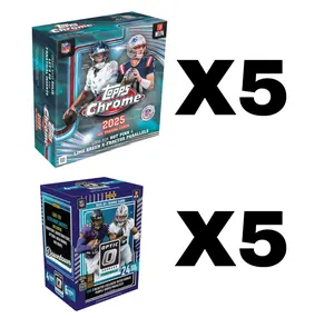 (5) 2025 Topps Chrome Football Mega Boxes + (5) 2025 Panini Optic Football Blaster Box Break 1