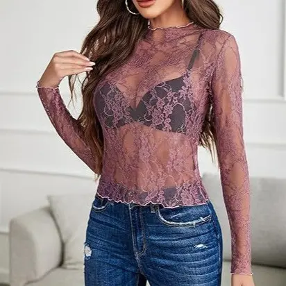 Women's Lace Long Sleeve Mesh Tops Mock Neck Sheer Blouse with