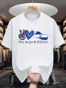100% Cotton Peace Love El Salvador Flag Hispanic Heritage Month T-Shirt, Casual Fitted Loose Streetwear, Summer Fashion Top