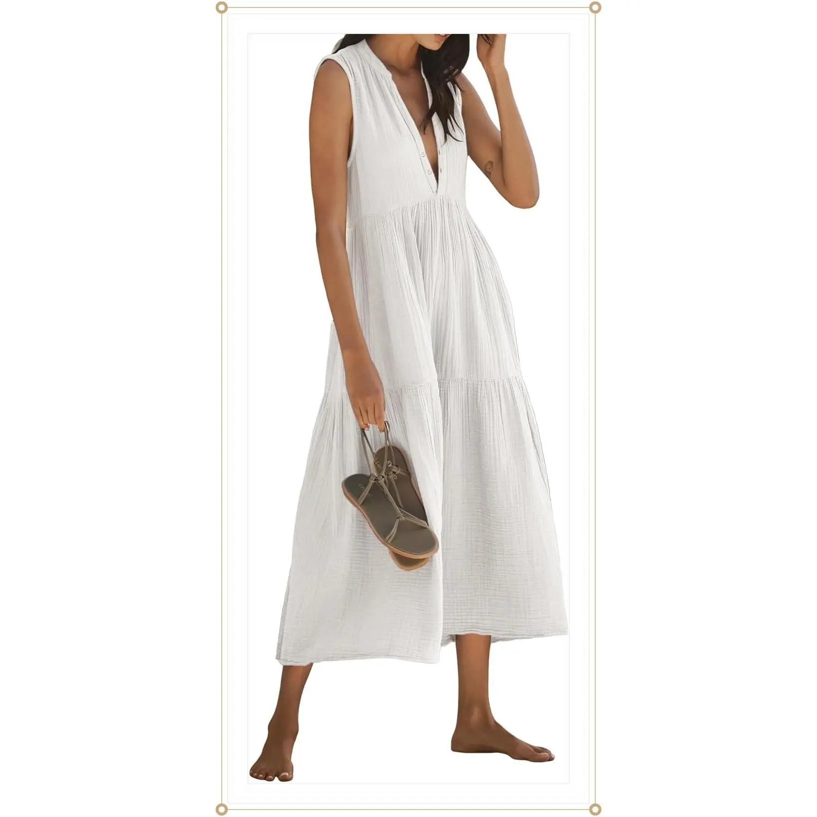 R.Vivimos 2026 Summer Cotton Maxi Dresses for Women Casual Sleeveless Button V Neck Tiered Loose Flowy Beach Long DressGift