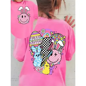 ' 100% Cotton T-Shirt | 'Bunny Kisses' Double-Sided Print | Casual Loose Fit | Round Neck | Machine Washable | Multi-Color Cartoon Rabbit & Easter Egg Design | Summer Comfort Tee, Casual Clothing | Fun Graphic Tee | Knitted Texture, Tween Girl Clothes