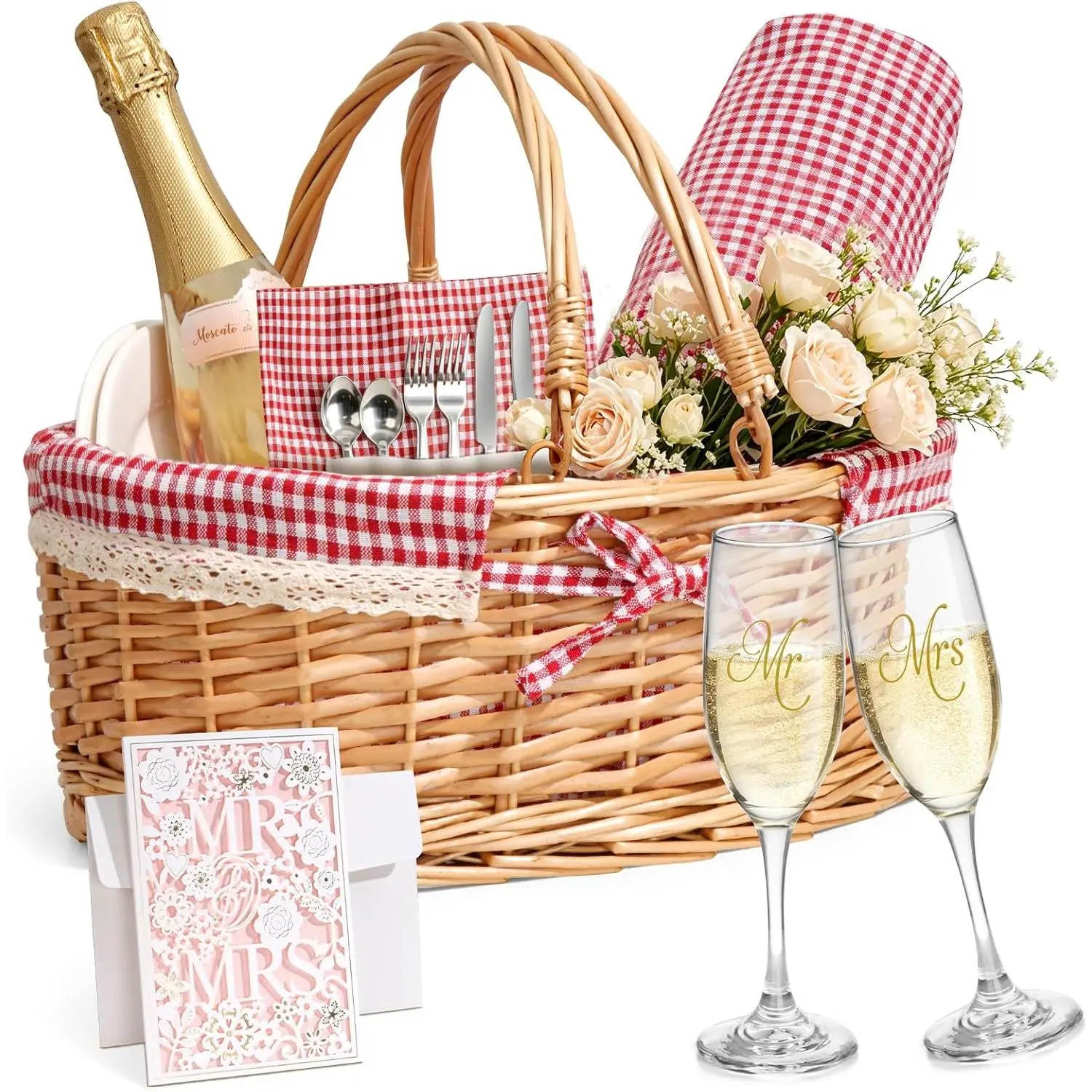 Oval Wicker Wedding Gift Picnic Basket for 2 with Waterproof Blanket, Plates, Cutlery, Mr and Mrs Glasses, Red Gingham Liner - Home Storage Hamper for Engagement, For Two
