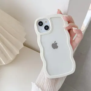 QLTYPRI Compatible with iPhone 13/iPhone 14 Case, Cute Curly Wave Frame Clear Case for Girls Women, Transparent Soft Silicone TPU Bumper Shockproof Protective Phone Cover - White