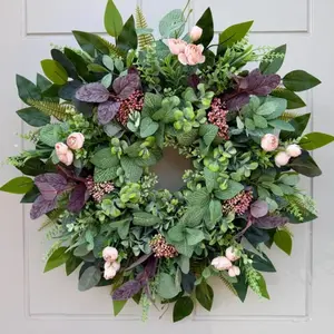 Modern Farmhouse Style Home Decor Flower Crown, Eucalyptus Rose Wreath, 18 Inch Front Door Decoration, Indoor Use
