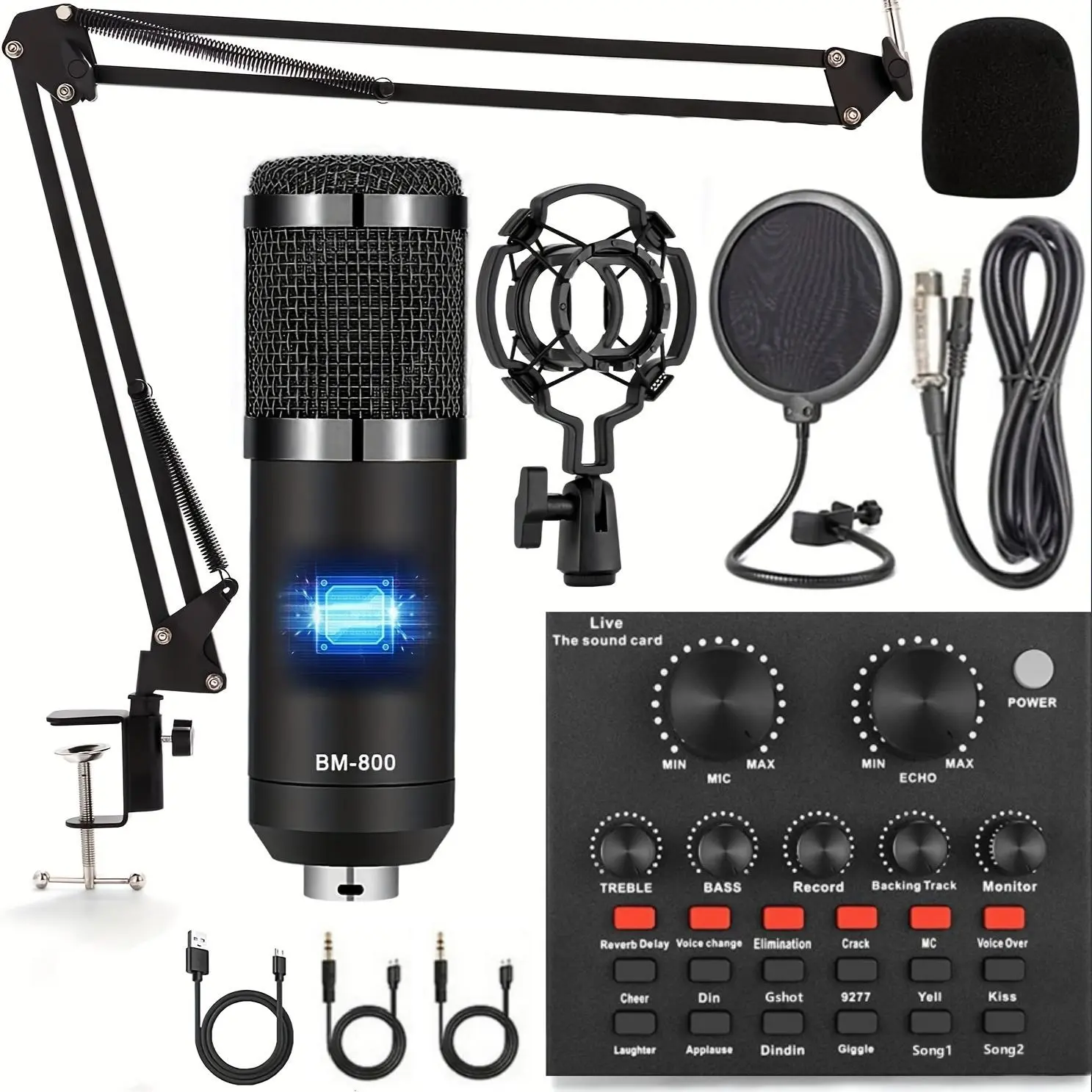 BM800 Podcast Microphone Bundle, USB Rechargeable Condenser Studio Microphone with V8 Sound Card, Professional Audio Equipment for Laptop Computer Vlog Live Streaming, Recording, USB Audio Interface, Singing Mic