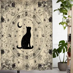 1 PC Moonlit Black Cat Print Shower Curtain with 12 Hooks - Whimsical Celestial Design, Machine Washable Polyester Fabric, Perfect for Bathroom or Window Decor, Shower Curtains for Bathroom, Bathroom Decoration Accessories