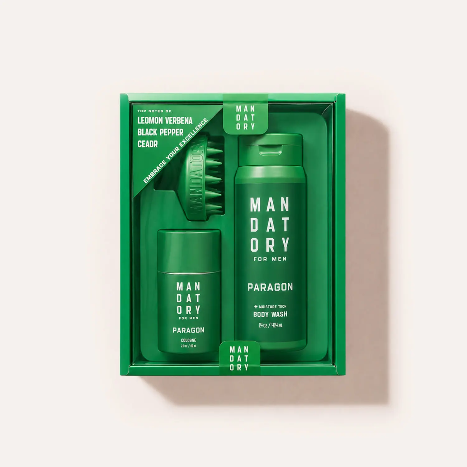 Mandatory Paragon 3-Piece Gift Set - 2.0 fl oz (60ml), Men's Body Wash + Scalp Massage Brush + Cologne, Citrus Aromatic Fragrance with Ginger, Lemon, Cedar & Patchouli - Fresh & Authoritative Everyday Grooming Set