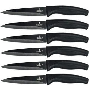 Steak Knife Set 6 Titanium Coated Black Handle, Black Blade