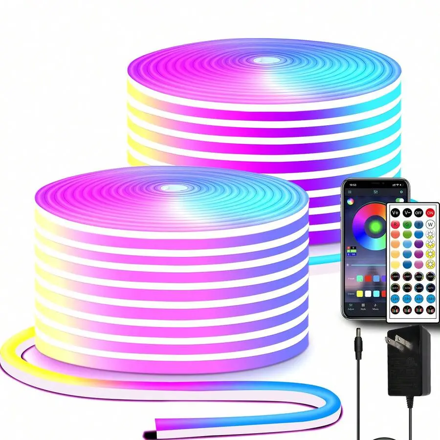 100FT DC24V RGB LED Neon Rope Lights With Remote/APP Control Waterproof Flexible Neon LED Strip Lights LED Neon Rope Lights For Bedroom Room Decor drawers