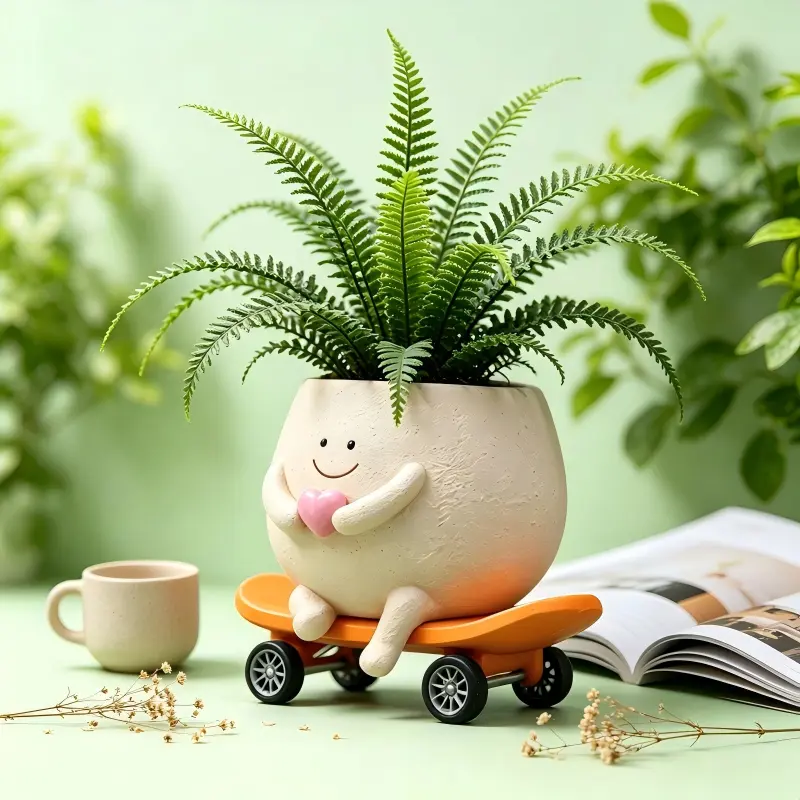 Resin Smiley Face Skateboard Planter with Drainage - Indoor Home Decor Pot, Cute Gift for Plant Lovers