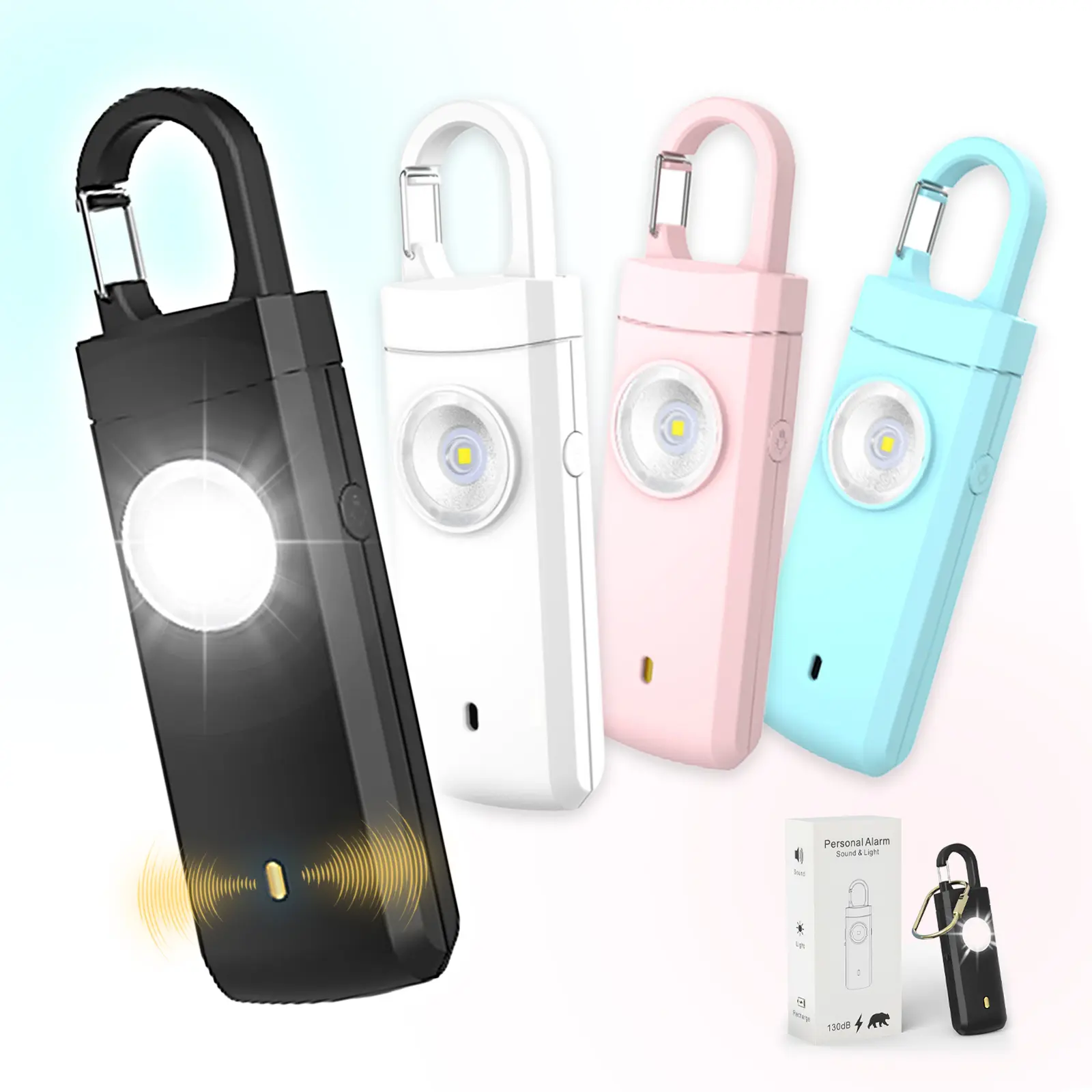 Personal Safety Alarm with 130dB Siren & LED Light Rechargeable Portable for Night Lighting Multiple Colors Wireless Alarm for each person,campingessentials,campinggear