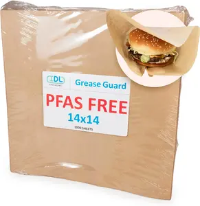 IDL Packaging 14" x 14" PFAS-Free Grease-Proof Paper Sheets, Pack of 1000, Natural Kraft - Microwave Safe Food Tray Liners - Grease-Absorbing Wrapping for Sandwiches, Cheeses, Hamburgers, etc.
