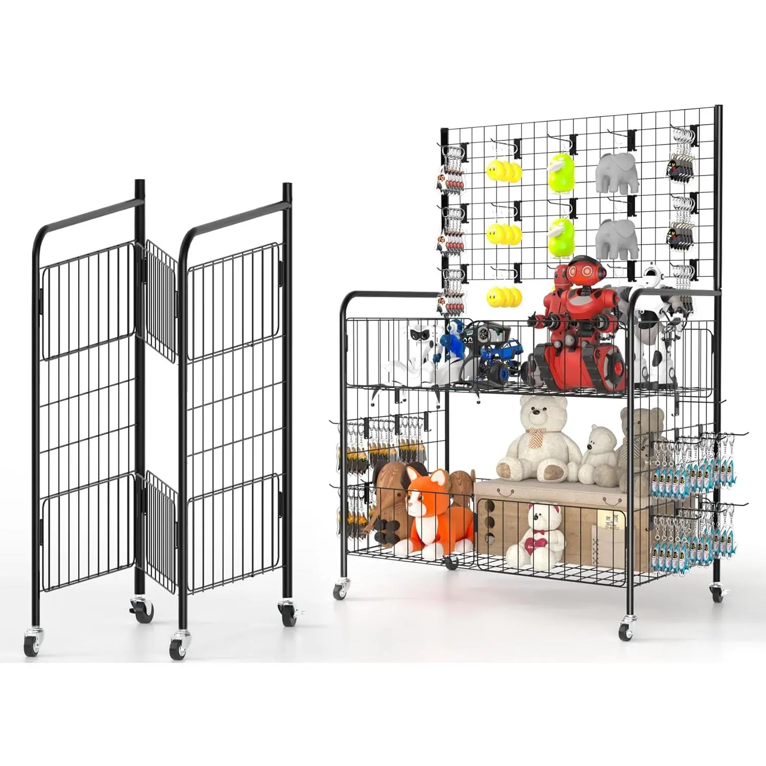 Vantage Mounts Carbon Steel Foldable Mobile Display Cart with Smooth Wheels, Gridwall Vendor Stand with 30 Hanging Hooks, Collapsible Mesh Organiser, Adjustable Rack, Shelf & Basket for Craft Fairs, Home Organizing