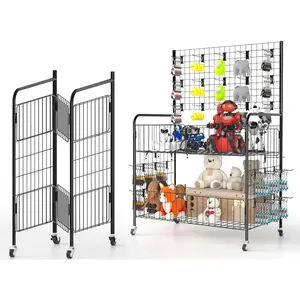Vantage Mounts Foldable Metal Display Cart with Wheels, Mobile Gridwall Vendor Stand with 30 Hooks. Collapsible Mesh Grid Trolley Storage Shelf for Craft Fairs, Flea Markets, Home Toy Room, Craft Studio, Closet Organizer & Garage.